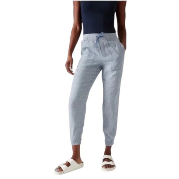 Athleta Retreat 100% Linen Joggers Women's Size 16 Chambray Blue Pockets - Picture 1 of 9